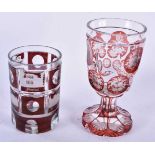 Two Glasses Overlaid with Ruby Glass. Largest 16cm x 8cm