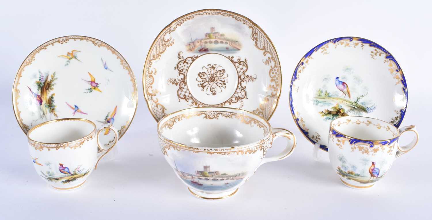 THREE 19TH CENTURY COALPORT SPARKS WORCESTER PORCELAIN CUPS AND SAUCERS painted with landscapes