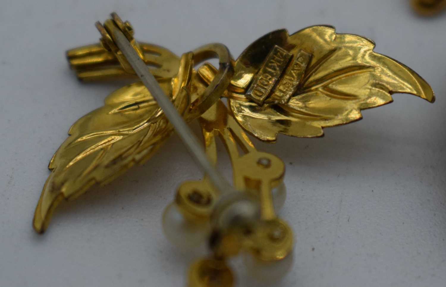 A 14CT GOLD AND PEARL BROOCH together with other yellow metal. 55 grams. (qty) - Image 3 of 4