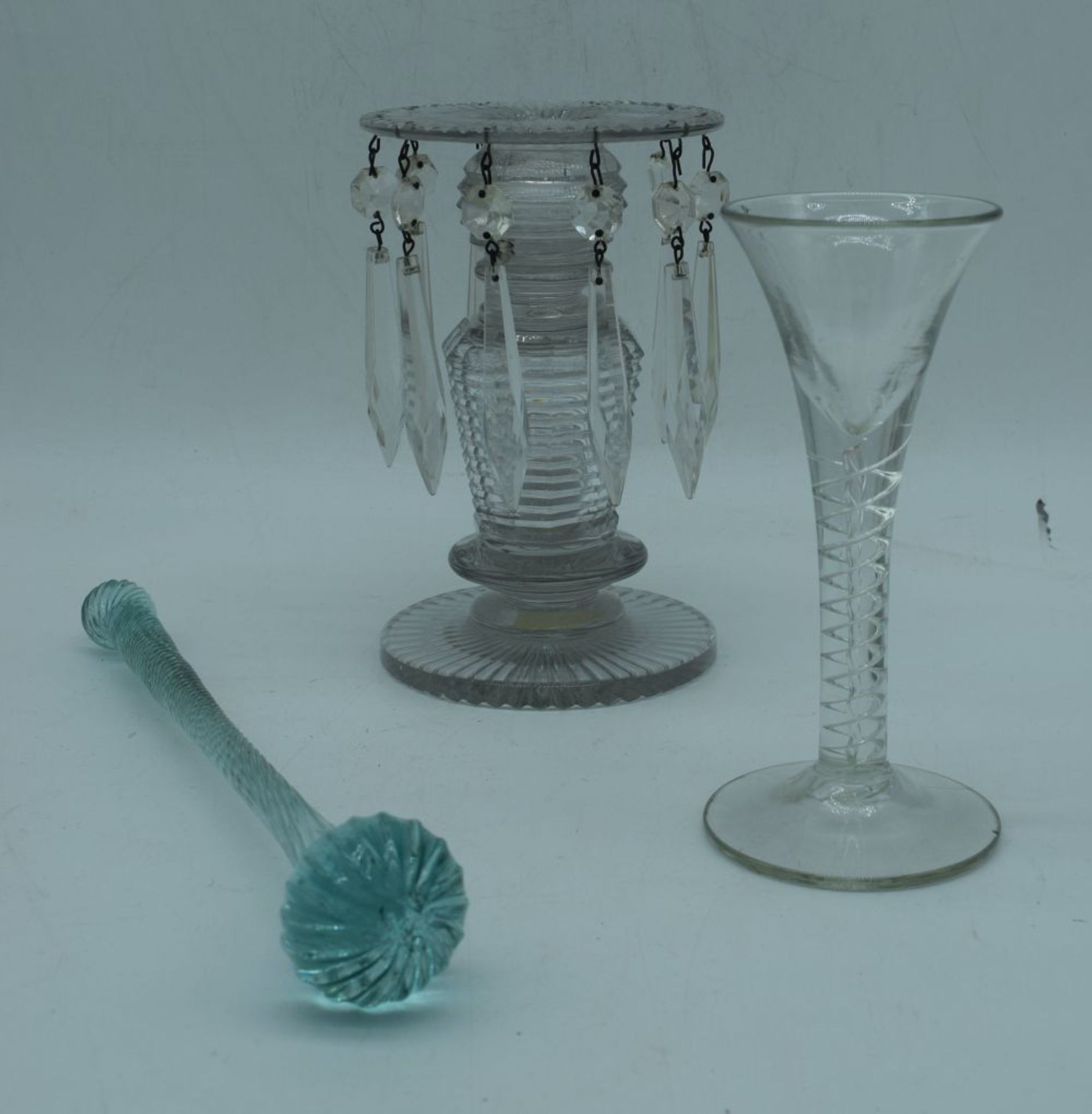 A Victorian glass lustre candle stick together with a Georgian air twist wine glass and a glass - Image 4 of 4