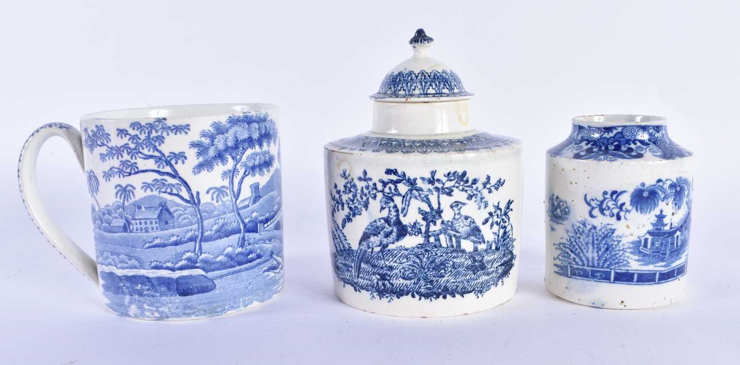 18th century large pearlware shell shaped dish with dripped blue border, two tea canisters, one with - Image 5 of 8