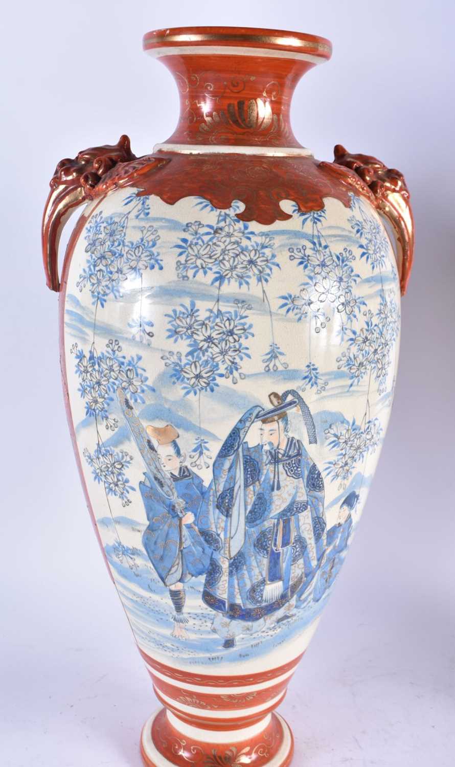 A LARGE PAIR OF 19TH CENTURY JAPANESE MEIJI PERIOD SATSUMA VASES painted with figures within - Image 2 of 6