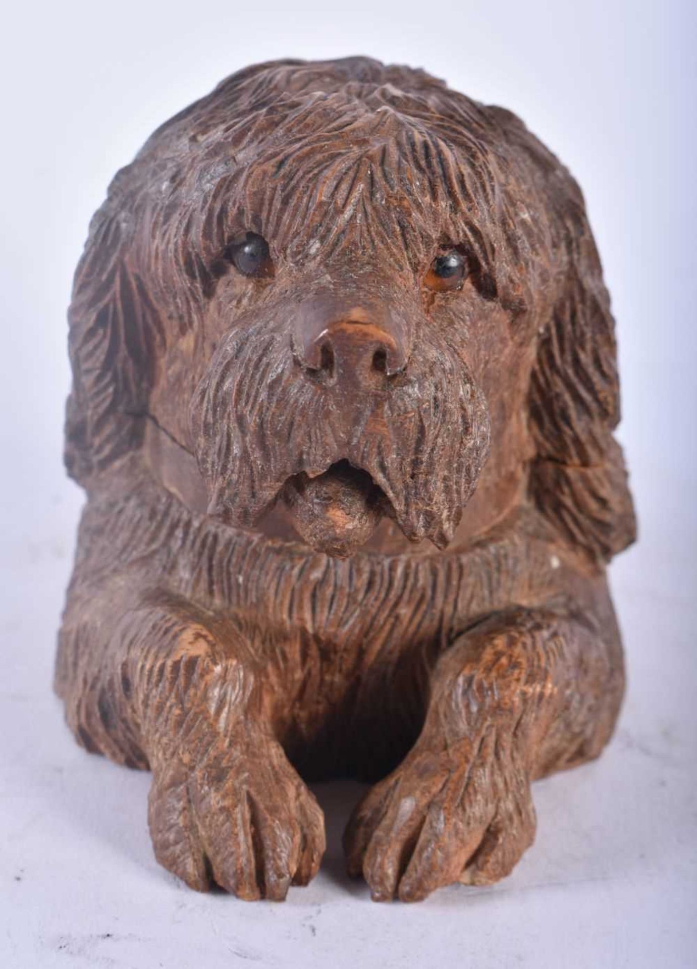 AN UNUSUAL 19TH CENTURY BAVARIAN BLACK FOREST CARVED WOOD INKWELL formed as a begging hound. 9.5