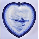 Royal Crown Derby heart shaped dish painted in blue with fishermen at dock, a small boat in the