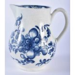 AN 18TH CENTURY WORCESTER BLUE AND WHITE PORCELAIN SPARROW BEAK JUG painted with floral sprays. 9 cm