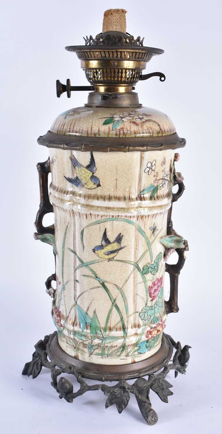 A LARGE 19TH CENTURY JAPANESE MEIJI PERIOD SATSUMA OIL LAMP painted with birds and flowers. 44 cm - Image 3 of 17