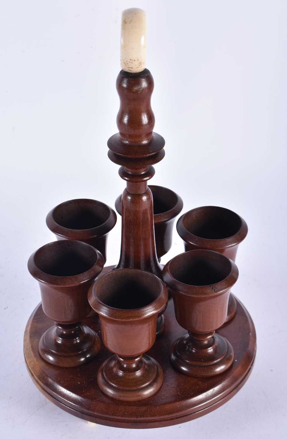 Antique Georgian Victorian Treen Turned Wood Fruitwood Egg Cup Set on Stand with Bone Finial and - Image 2 of 3