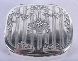 A White Metal Snuff Box with Embossed floral decoration on the lid. 5 cm x 4.4cm x 1.4cm, weight