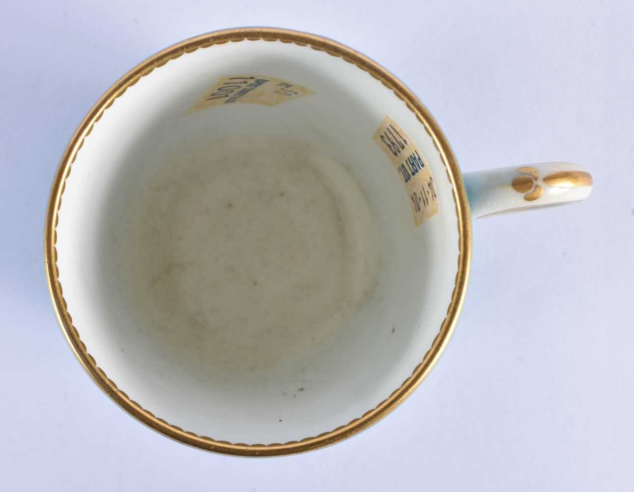 Minton coffee cup, teacup and saucer with turquoise ground painted in raised enamels with flowers ( - Image 3 of 10