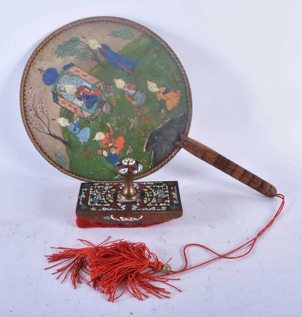 A 19TH CENTURY FRENCH CHAMPLEVE ENAMEL BRONZE DESK BLOTTER together with a Persian painted fan.