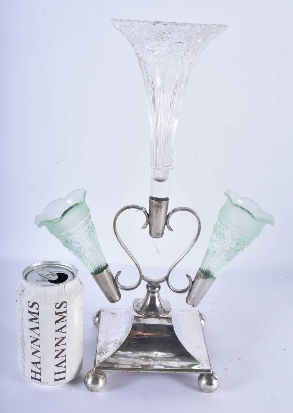 AN ART NOUVEAU SILVER PLATED TRIPLE GLASS EPERGNE. 35 cm x 24 cm.