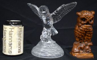 A carved wood owl together with a glass owl largest 19 x 19 cm.(2).