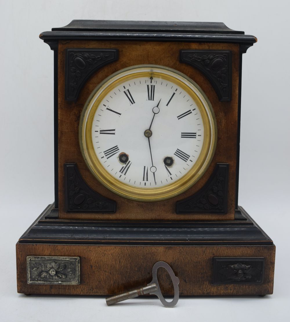 A wooden Mid Century mantle clock with metal enamelled face 53 x 29 x 15 cm. - Image 2 of 5
