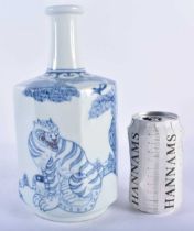 AN EARLY 20TH CENTURY JAPANESE MEIJI PERIOD BLUE AND WHITE BOTTLE VASE painted with a tiger within a