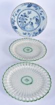 A PAIR OF EARLY 19TH CENTURY CREAMWARE RETICULATED DISHES together with an 18th century delft plate.