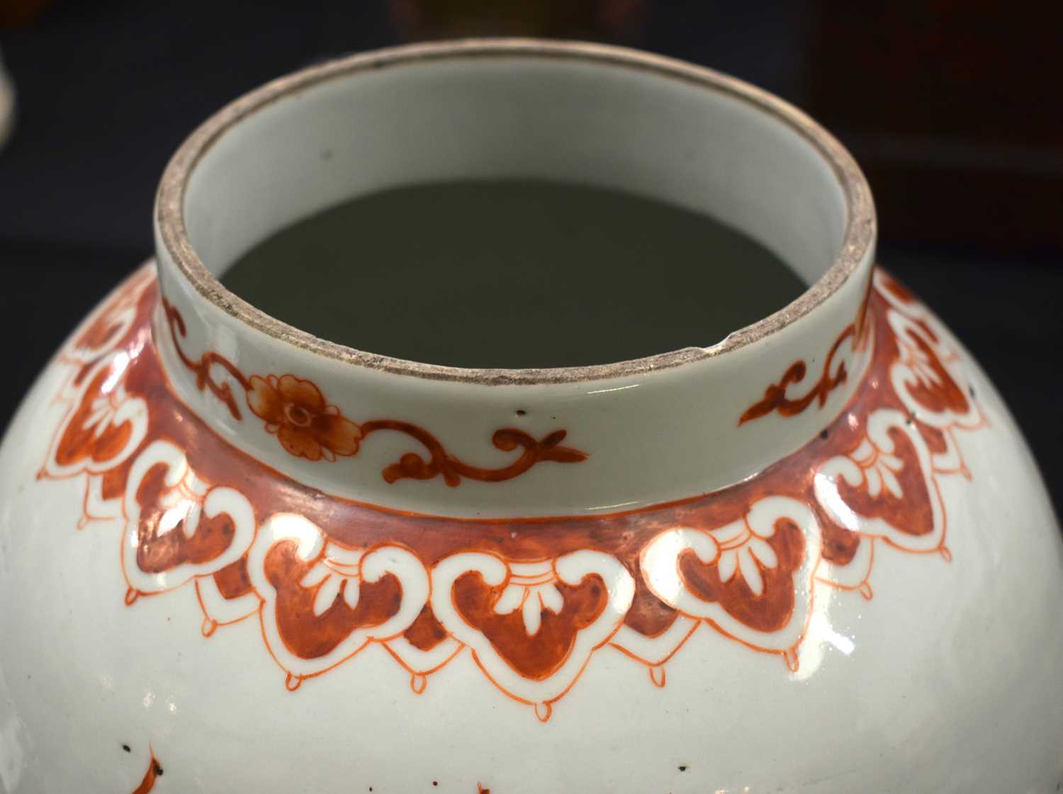 A LARGE PAIR OF CHINESE QING DYNASTY IRON RED PAINTED GINGER JARS AND COVERS painted with buddhistic - Image 8 of 26