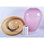 A LARGE PINK ART GLASS VASE together with a yellow glass bowl. Largest 34 cm x 20 cm. (2)