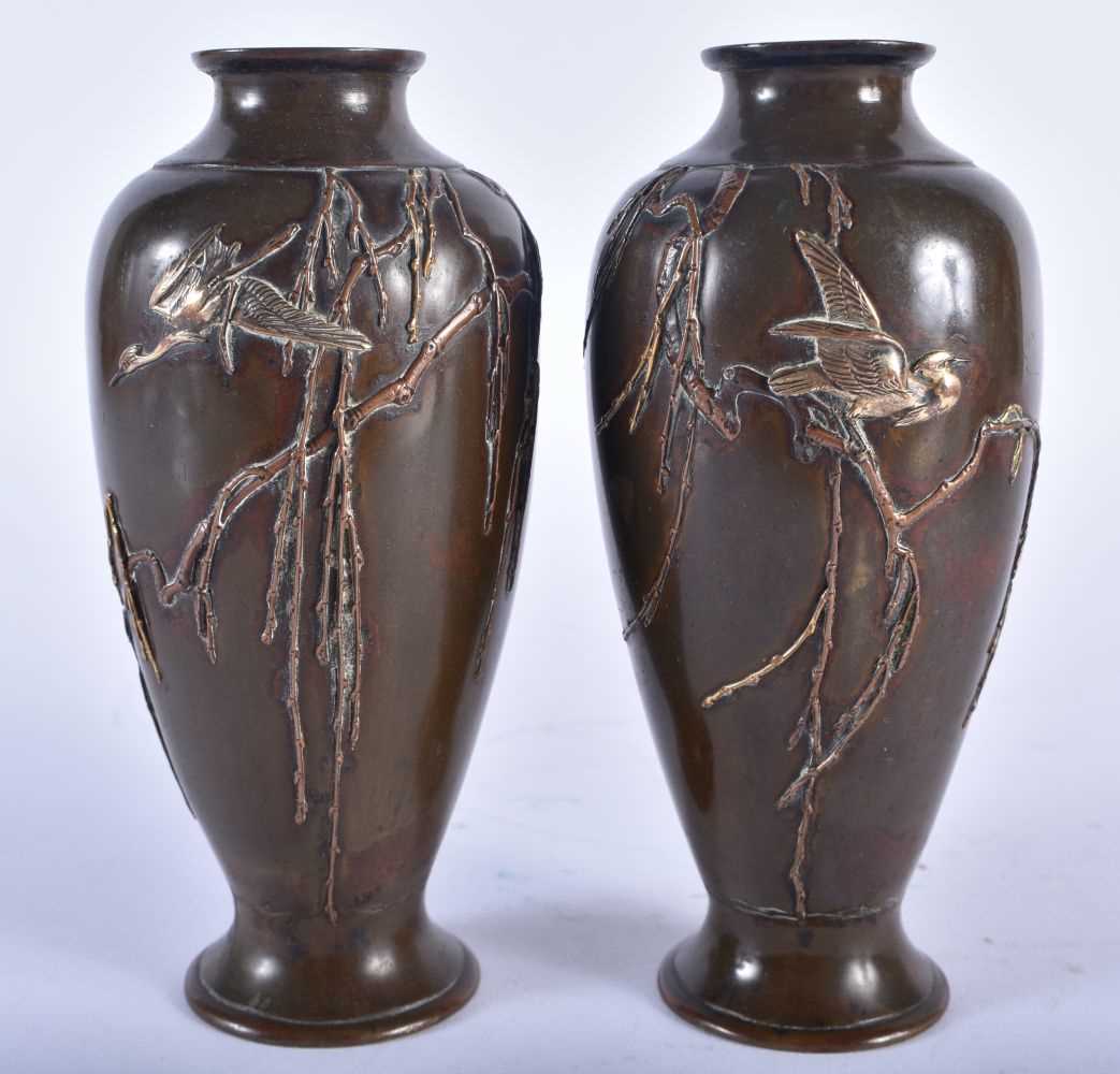 A PAIR OF 19TH CENTURY JAPANESE MEIJI PERIOD BRONZE SILVER INLAID VASES by Miyabe Atsuyoshi. 13.5 cm