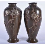 A PAIR OF 19TH CENTURY JAPANESE MEIJI PERIOD BRONZE SILVER INLAID VASES by Miyabe Atsuyoshi. 13.5 cm