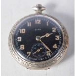 An Elgin WWI British military pocket watch, signed black dial, luminous Arabic numerals, seconds