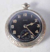 An Elgin WWI British military pocket watch, signed black dial, luminous Arabic numerals, seconds