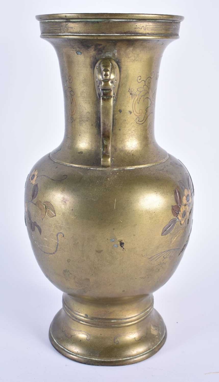 A LARGE 19TH CENTURY JAPANESE MEIJI PERIOD MIXED METAL BRONZE VASE inlaid with foliage. 30cm x 12 - Image 2 of 5