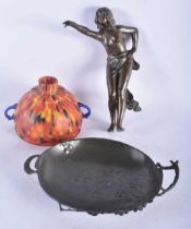 AN ART NOUVEAU TWIN HANDLED PEWTER DISH together with a figural lamp. Largest 28cm high. (2)