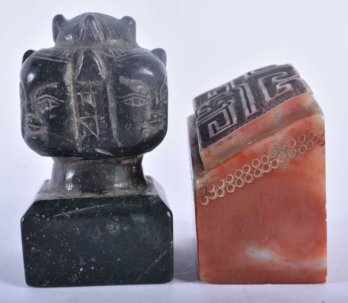 A 19TH CENTURY CHINESE CARVED STONE SEAL Qing, together with another C1900 stone multi head - Image 2 of 5