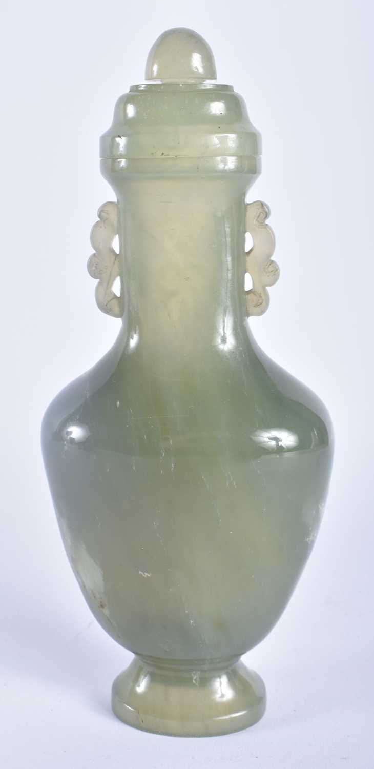 A FINE LATE 19TH CENTURY CHINESE CARVED JADE TWIN HANDLED VASE AND COVER Late Qing. 21 cm x 8 cm.