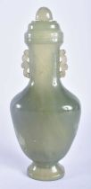 A FINE LATE 19TH CENTURY CHINESE CARVED JADE TWIN HANDLED VASE AND COVER Late Qing. 21 cm x 8 cm.