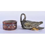 AN ANTIQUE CONTINENTAL MAJOLICA SWAN together with a small Hispano moresque type lustre salt.