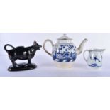 AN EARLY 19TH CENTURY ENGLISH PEARLWARE MOTTO TEAPOT AND COVER together with a similar cream jug and