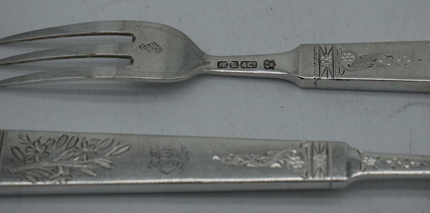 A SET OF SIX ENGLISH AESTHETIC MOVEMENT SILVER PLATED KNIVES AND FORKS. 426 grams. 19.5 cm long. ( - Image 2 of 4