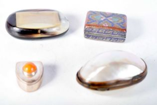 Four Snuff / Pill Boxes of varying designs. Largest 6.3 cm x 1.8 cm x 1.8 cm (4)