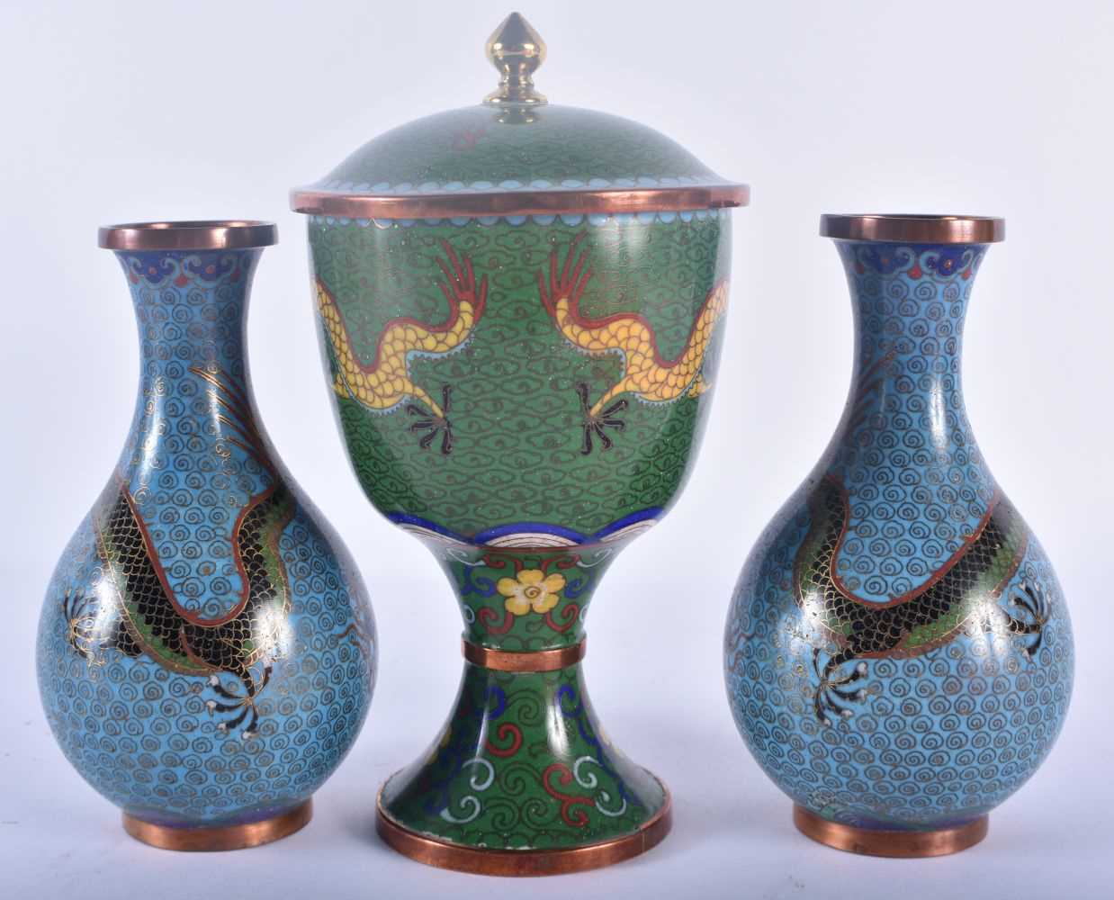 A PAIR OF 19TH CENTURY CHINESE CLOISONNE ENAMEL DRAGON VASES together with a later vase and cover. - Image 2 of 4