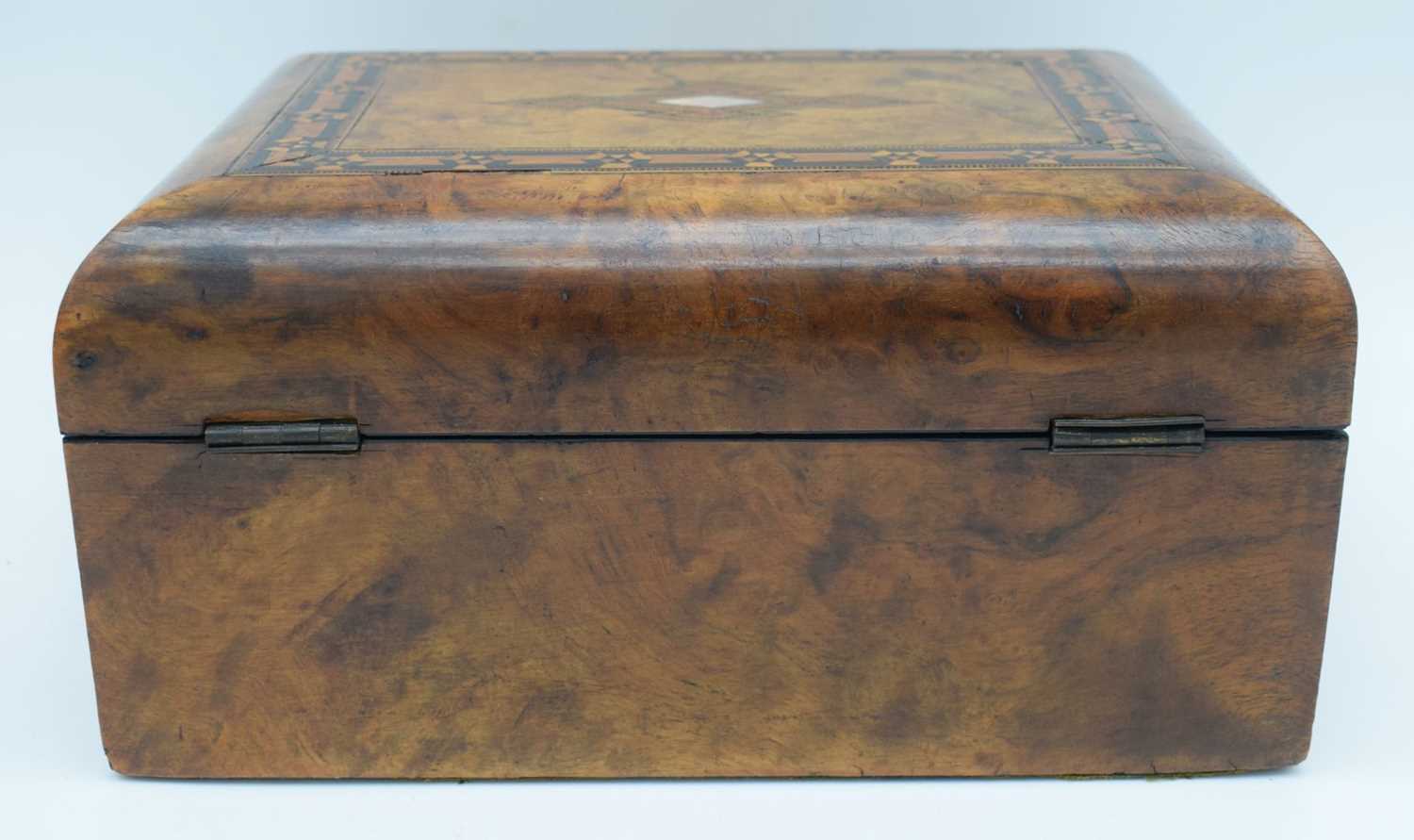 A 19th Century inlaid wooden sewing box with central mother of pearl central decoration 14 x 28 x - Image 5 of 12