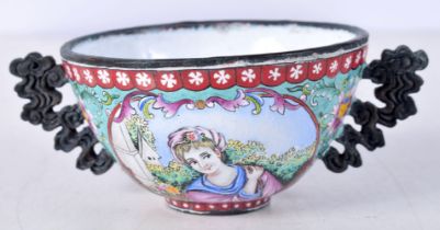 A Chinese enamelled twin handled cup decorated with European figures 4 x 11cm.
