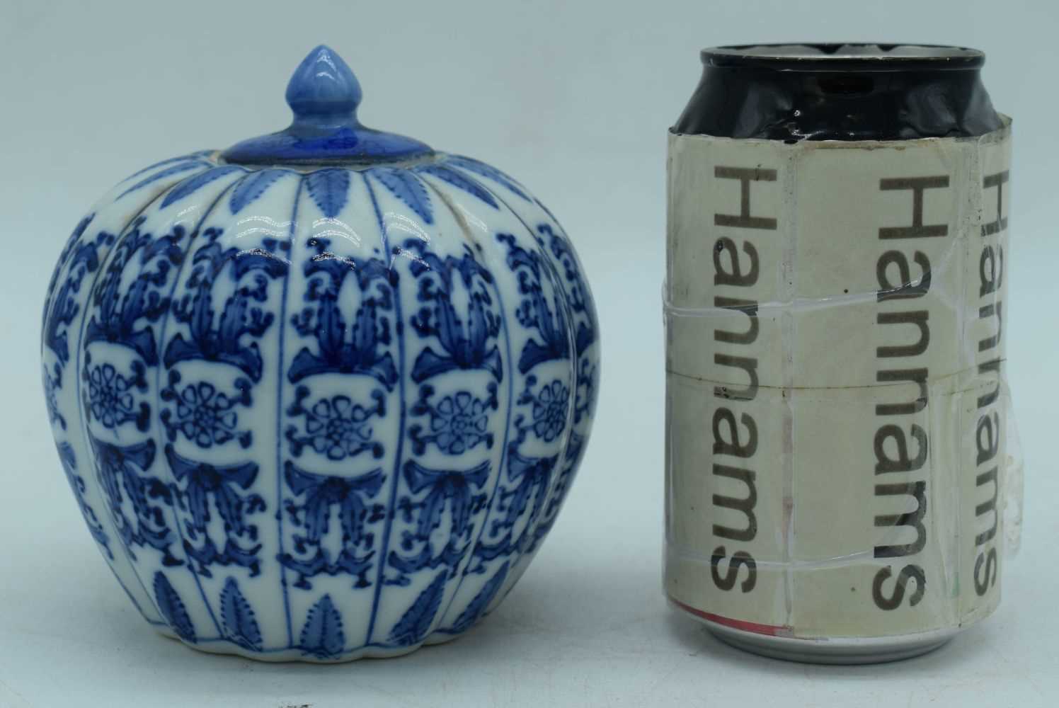 A Chinese porcelain blue and white pumpkin jar with lid 12 cm. - Image 2 of 6