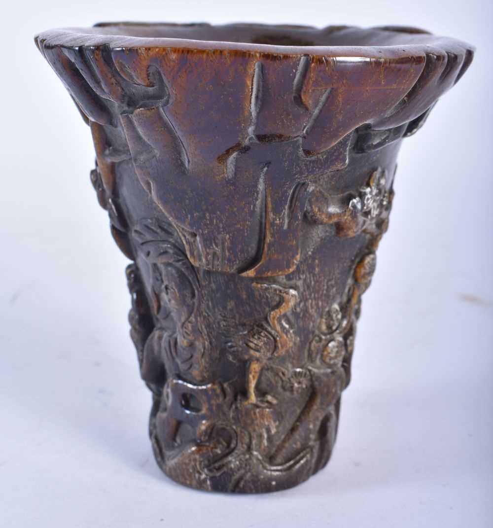 A CHINESE CARVED BUFFALO HORN TYPE LIBATION CUP 20th Century. 626 grams. 13 cm x 13 cm. - Image 2 of 6