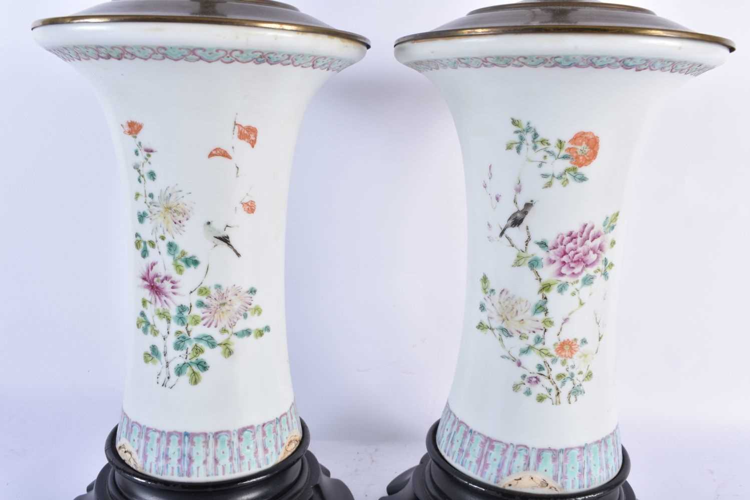 A LARGE PAIR OF EARLY 20TH CENTURY CHINESE PORCELAIN FAMILLE ROSE FLARED LAMPS Guangxu. 58 cm high. - Image 2 of 5