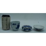 A small Chinese porcelain blue and white Tea bowl together with a cosmetic pot and a small dish