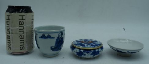 A small Chinese porcelain blue and white Tea bowl together with a cosmetic pot and a small dish