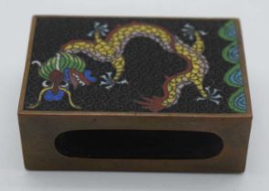 AN EARLY 20TH CENTURY CHINESE CLOISONNE ENAMEL DRAGON MATCHBOX HOLDER. 59 grams. 5.75 cm x 4 cm.