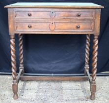 A 19th Century 2 drawer Oak Hall table with Barley twist legs and a Formica top 83 x 78 x 48 cm