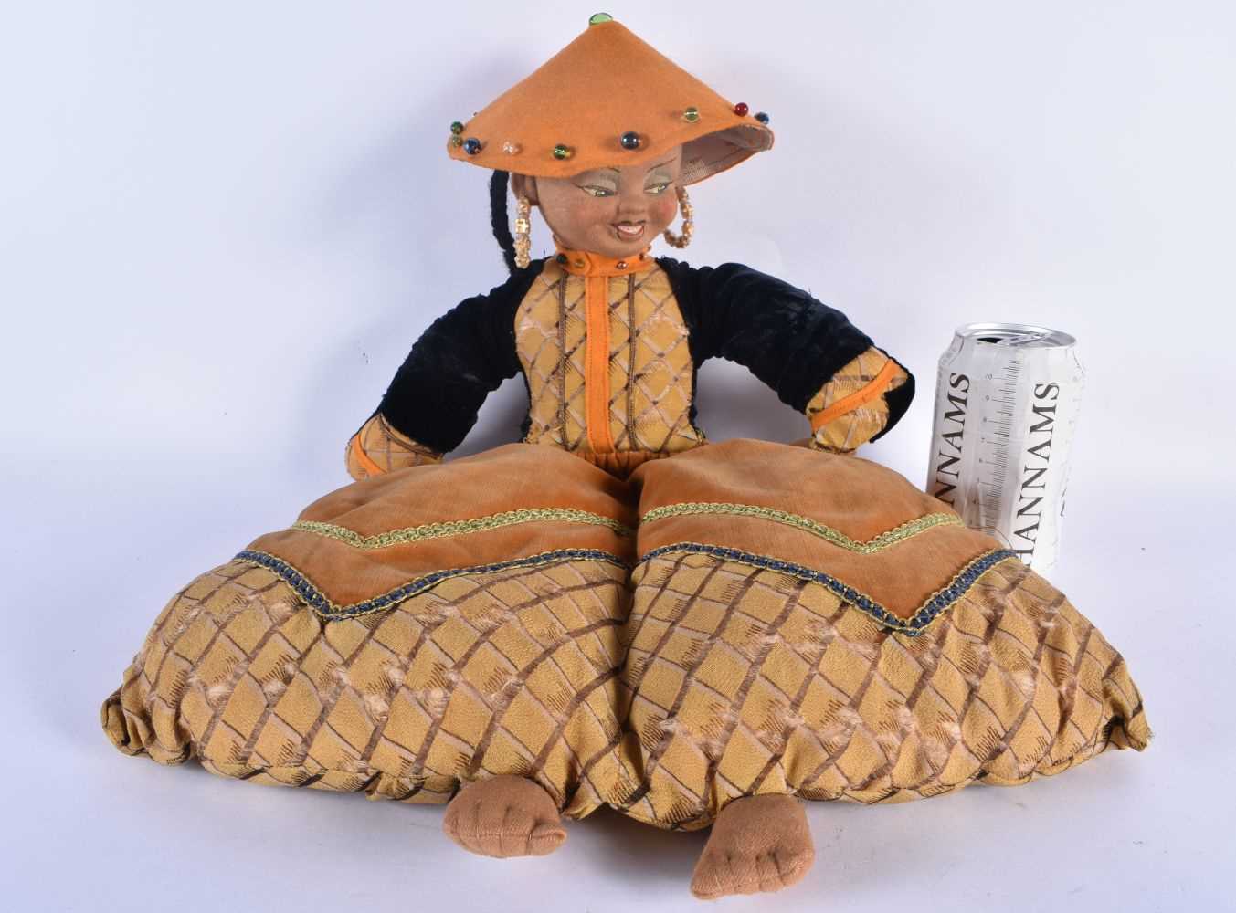 AN UNUSUAL VINTAGE FELT EMBROIDERED CUSHION CHINAMAN DOLL. 53 cm x 25cm.