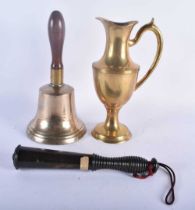 AN ANTIQUE LIGNUM VITAE POLICE TRUNCHEON together with a bronze bell & jug. Largest 32 cm high. (3)