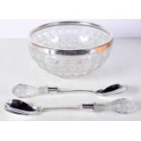 A Cut Glass Salad Bowl with Silver Plate Rim together with 2 Silver Plated Servers with Cut Glass