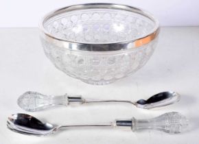 A Cut Glass Salad Bowl with Silver Plate Rim together with 2 Silver Plated Servers with Cut Glass