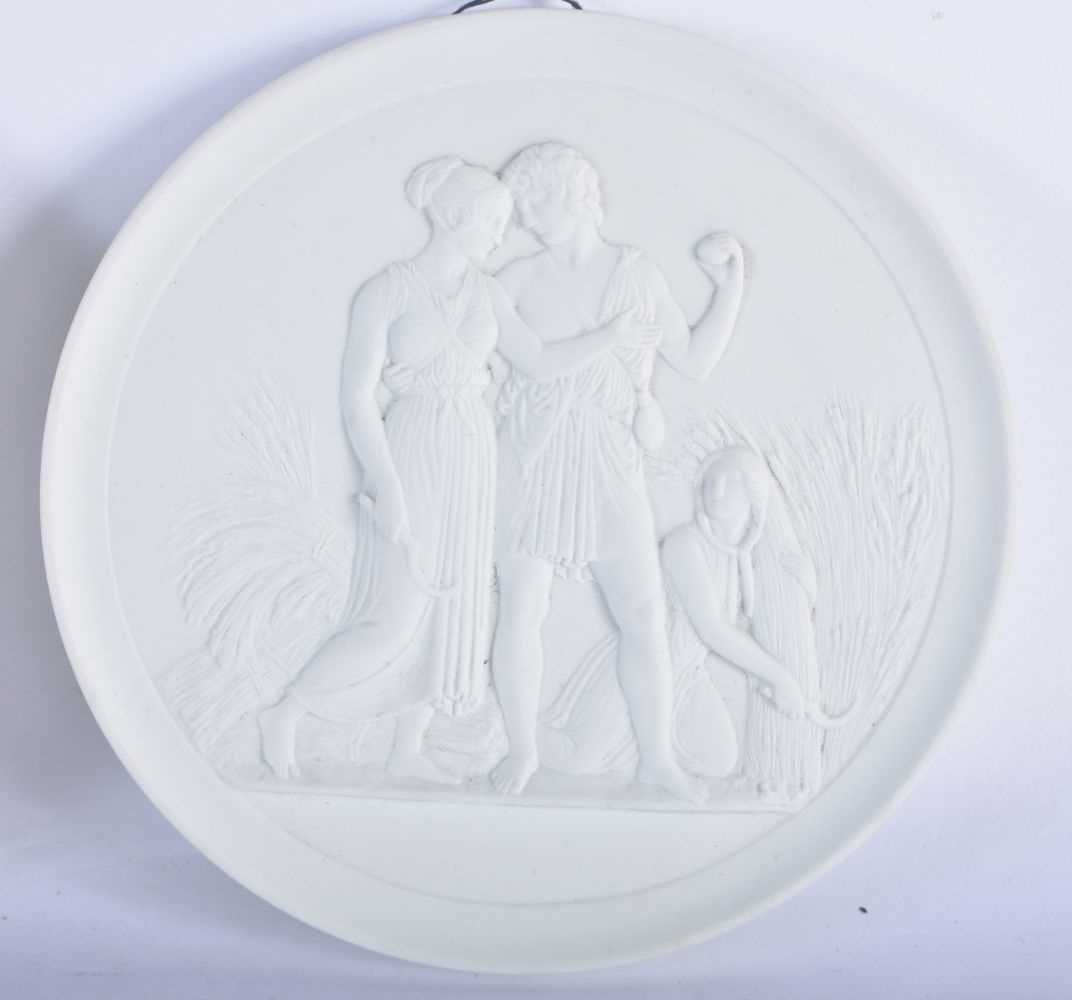 THREE DANISH ROYAL COPENHAGEN PARIAN PORCELAIN BISQUE PANELS. 13 cm diameter. (3) - Image 4 of 5