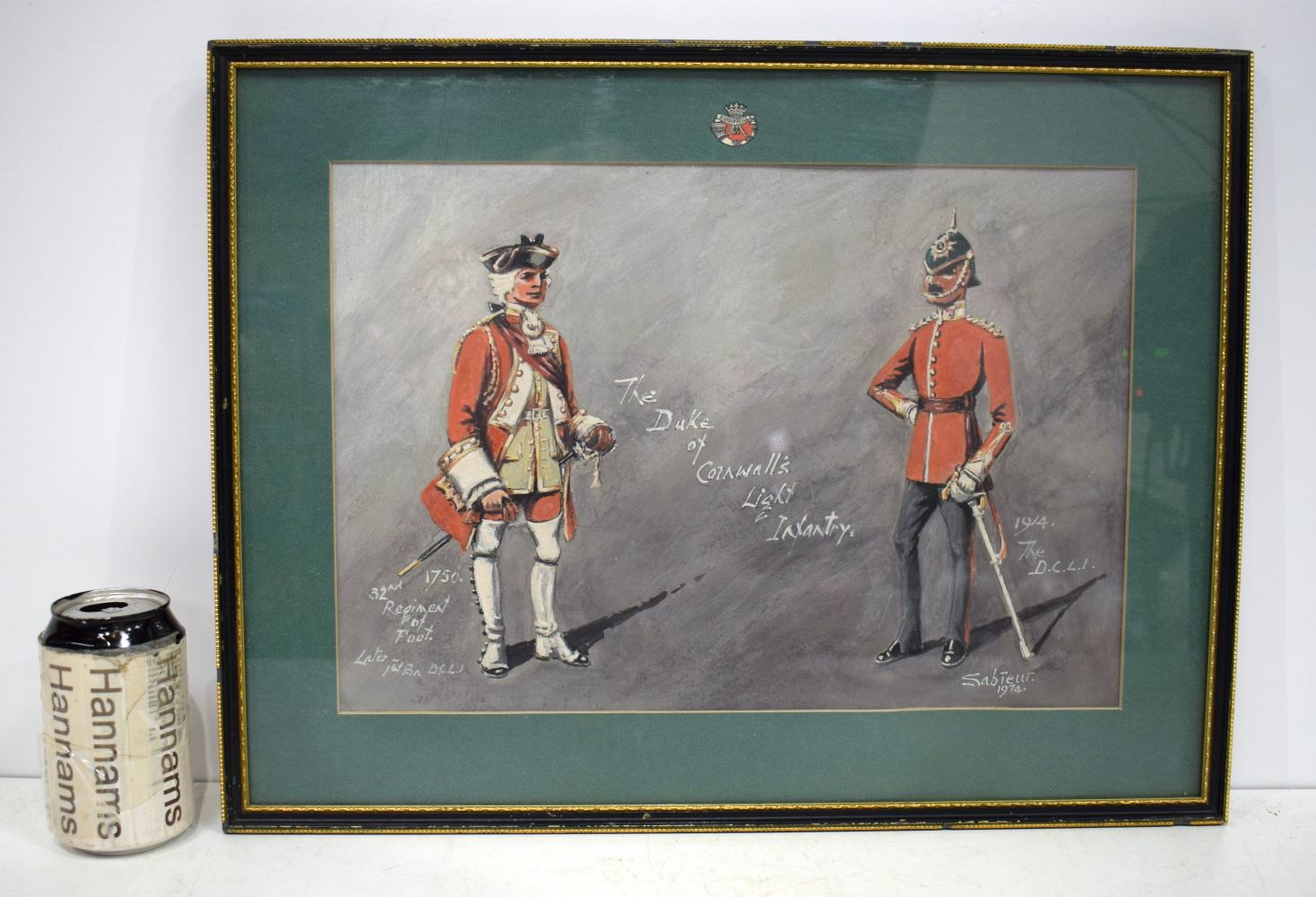 A framed Gouache study of The Duke of Cornwall light Infantry signed Sabreur 1974 26 x 37 cm.